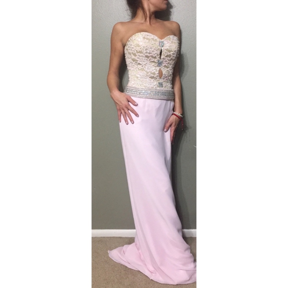 Evening Gown Tan Lace Bodice/ Pink Chiffon Bottom